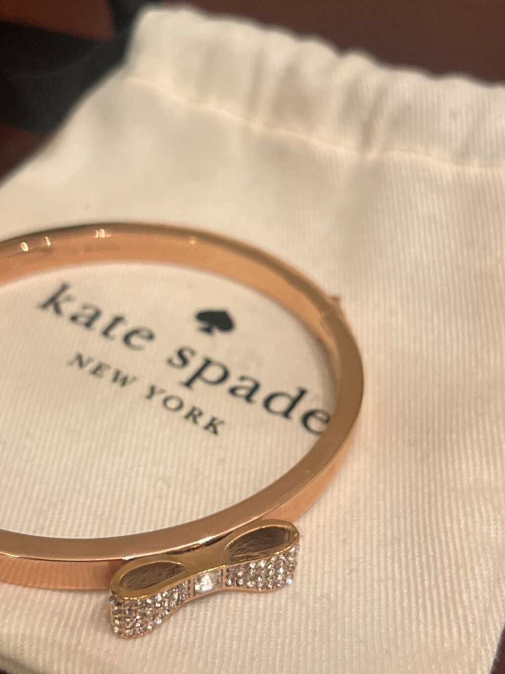 Kate Spade Rose Gold Sparkle Pave Crystal Bow Hinged Bangle Bracelet w/ Dust Bag